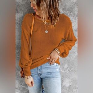 Tied Balloon Sleeve Round Neck Sweater